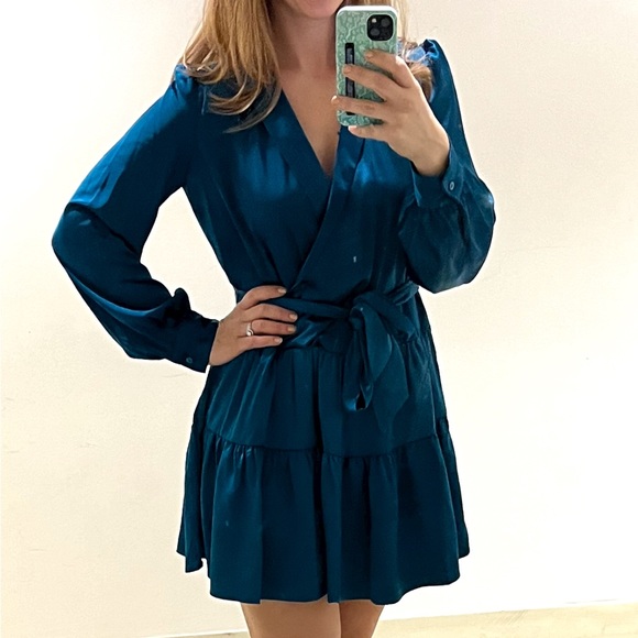 Macy’s Satin Wrap Dress in Deep Lagoon -Small - Picture 3 of 4